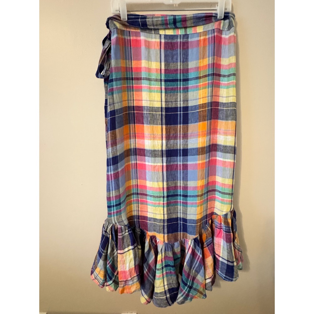 Polo Ralph Lauren Madras Linen Wrap Skirt Multicolor Plaid Ruffle High Low 14 - Picture 10 of 10